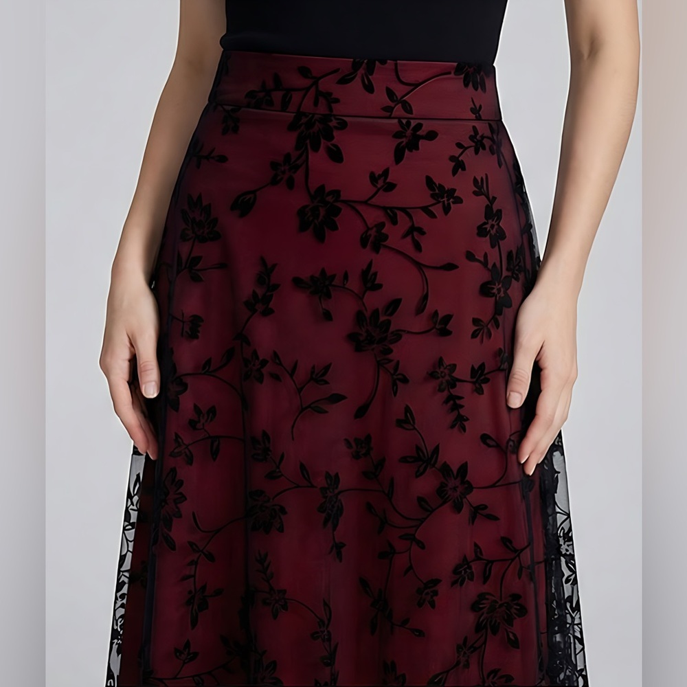 Floral Flocking Tulle Long A-Line Skirt Red - Picture 5 of 12